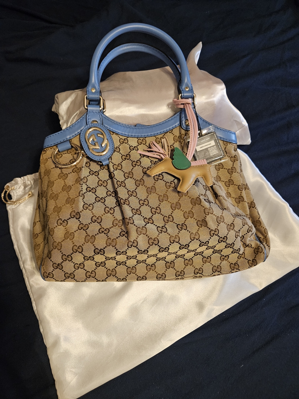Gucci Tan GG Canvas Satchel with Light Blue Leather Trim